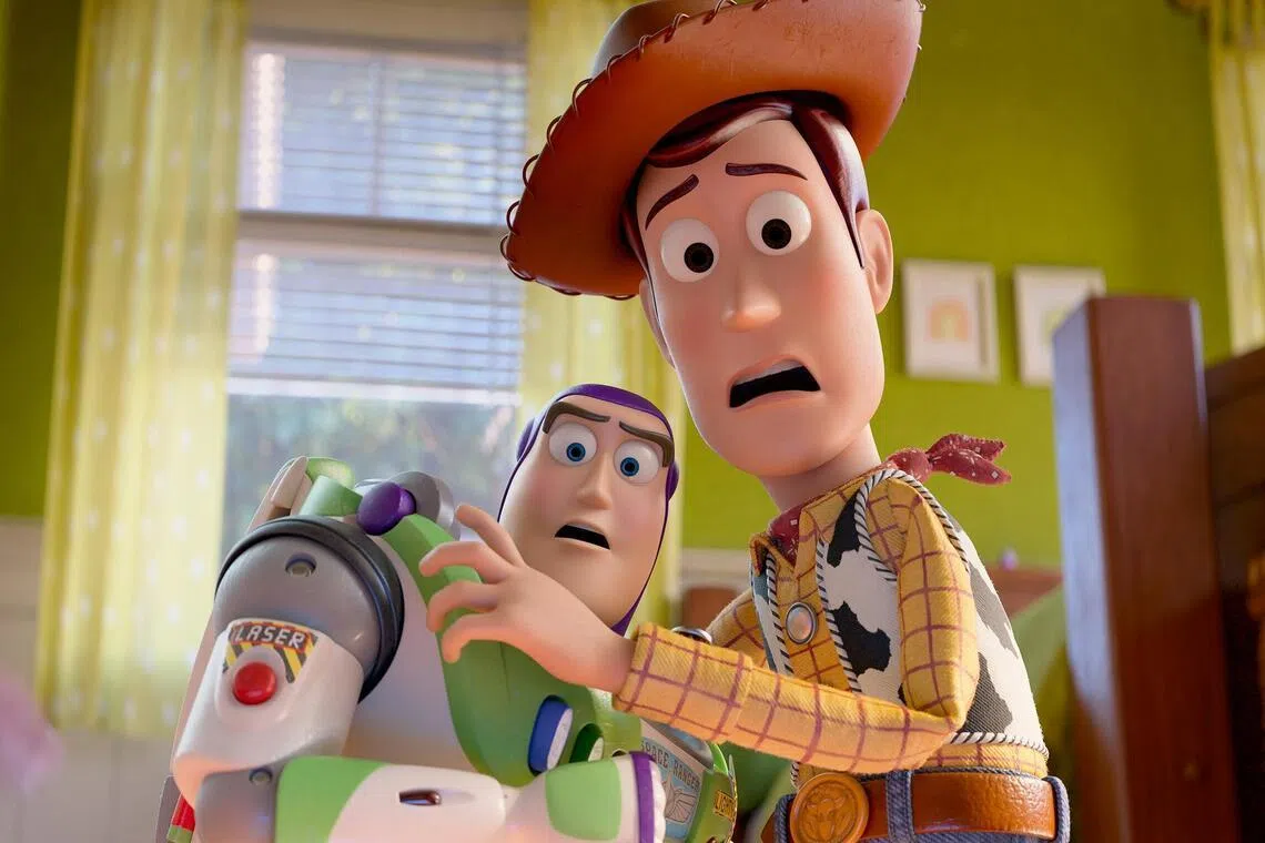 Buzz Lightyear, voiced by Tim Allen, and Woody, voiced by Tom Hanks, in Toy Story 5.