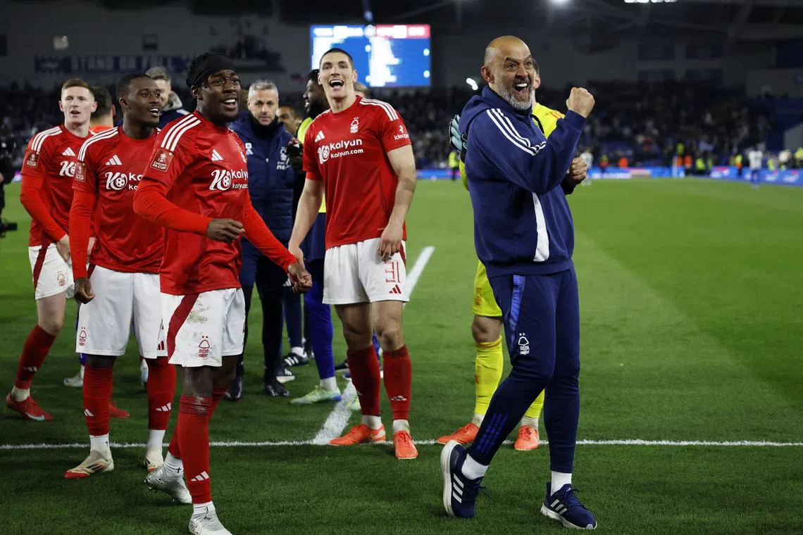 Soccer Football - FA Cup - Quarter Final - Brighton & Hove Albion v Nottingham Forest - The American Express Community Stadium, Brighton, Britain - March 29, 2025 Nottingham Forest manager Nuno Espirito Santo celebrates after the match Action Images via Reuters/Peter Cziborra