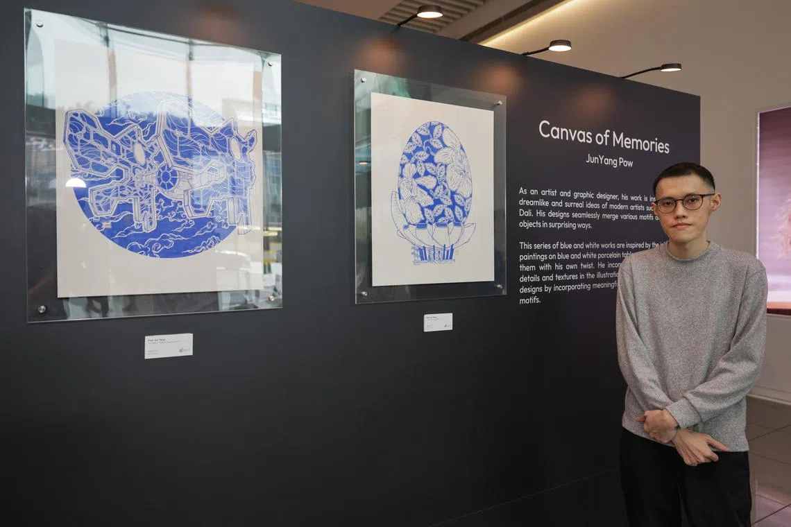 Mr Pow Jun Yang’s exhibition includes his blue and white series of iconic scenes and places in Singapore.