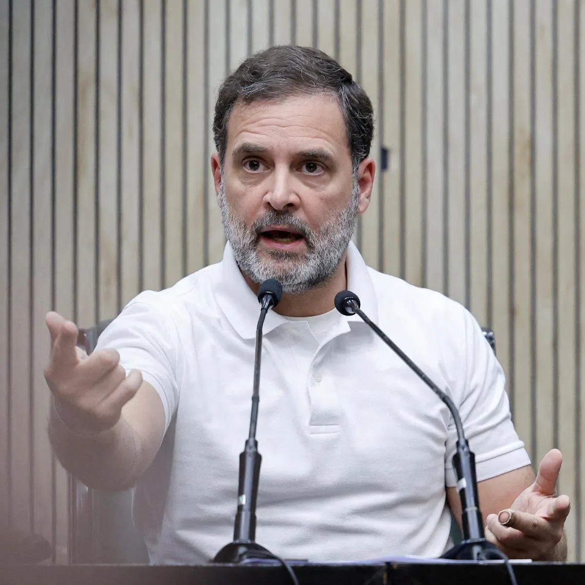 FILE PHOTO: Rahul Gandhi, a senior leader of India's main opposition Congress Party, speaks to the media during a press conference in New Delhi, India, February 7, 2025. REUTERS/Sahiba Chawdhary/File Photo