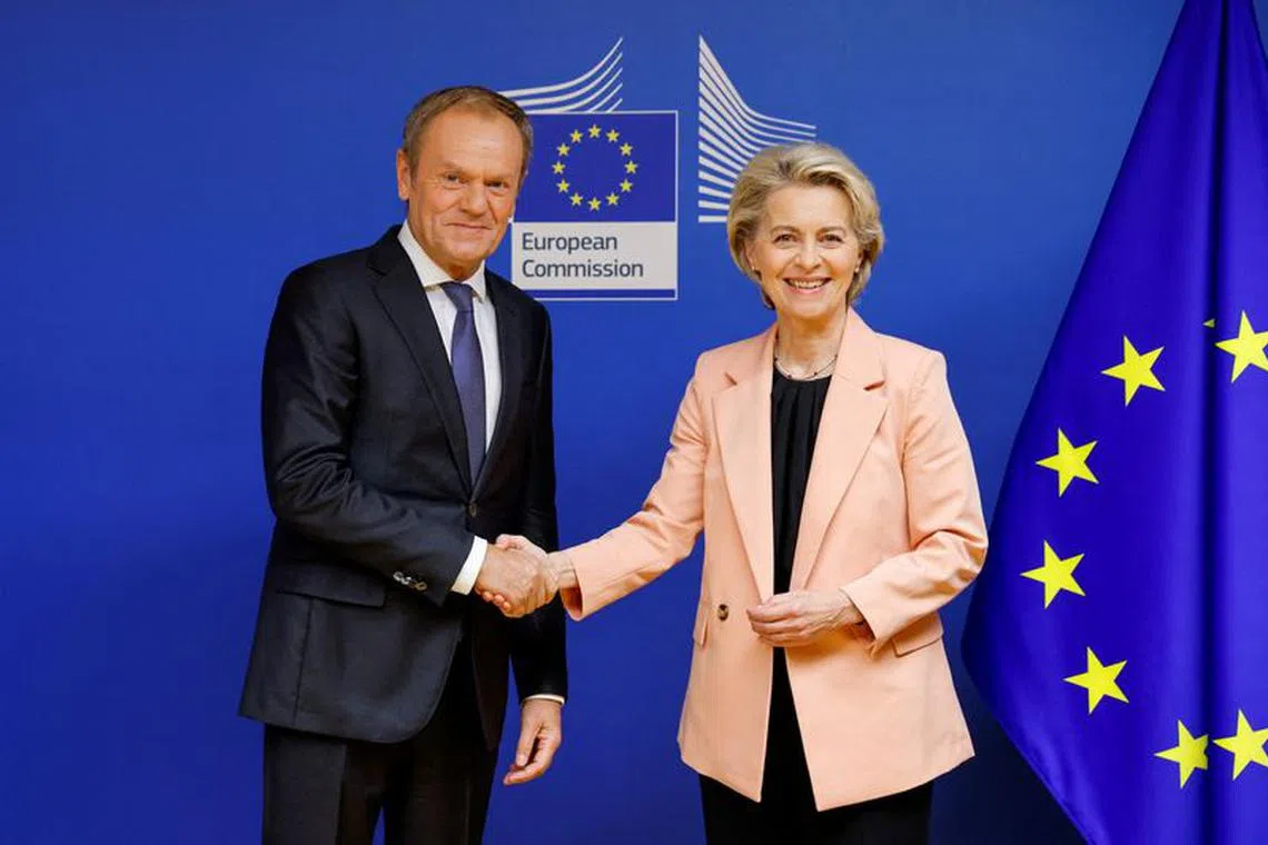 FILE PHOTO: Polish politician Donald Tusk, leader of Civic Coalition (KO) and the opposition's candidate for future Prime Minister, meets with European Commission President Ursula von der Leyen in Brussels, Belgium October 25, 2023. REUTERS/Johanna Geron/File Photo