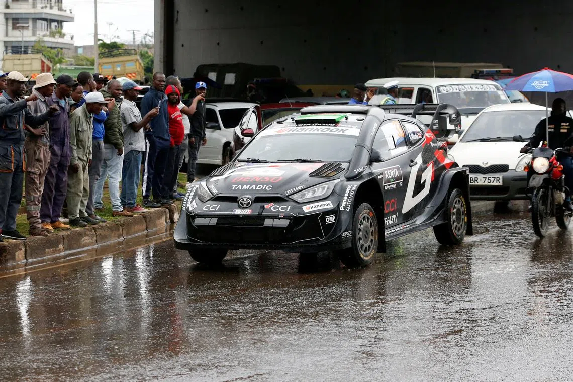 FILE PHOTO: Rallying - World Rally Championship - Safari Rally Kenya - March 20, 2025 - GBR Elfyn Evans and Scott Martin of Toyota GR Yaris Rally1 arrive for the side-by-side super special racing stage at Kasarani in Nairobi. REUTERS/Thomas Mukoya/File Photo