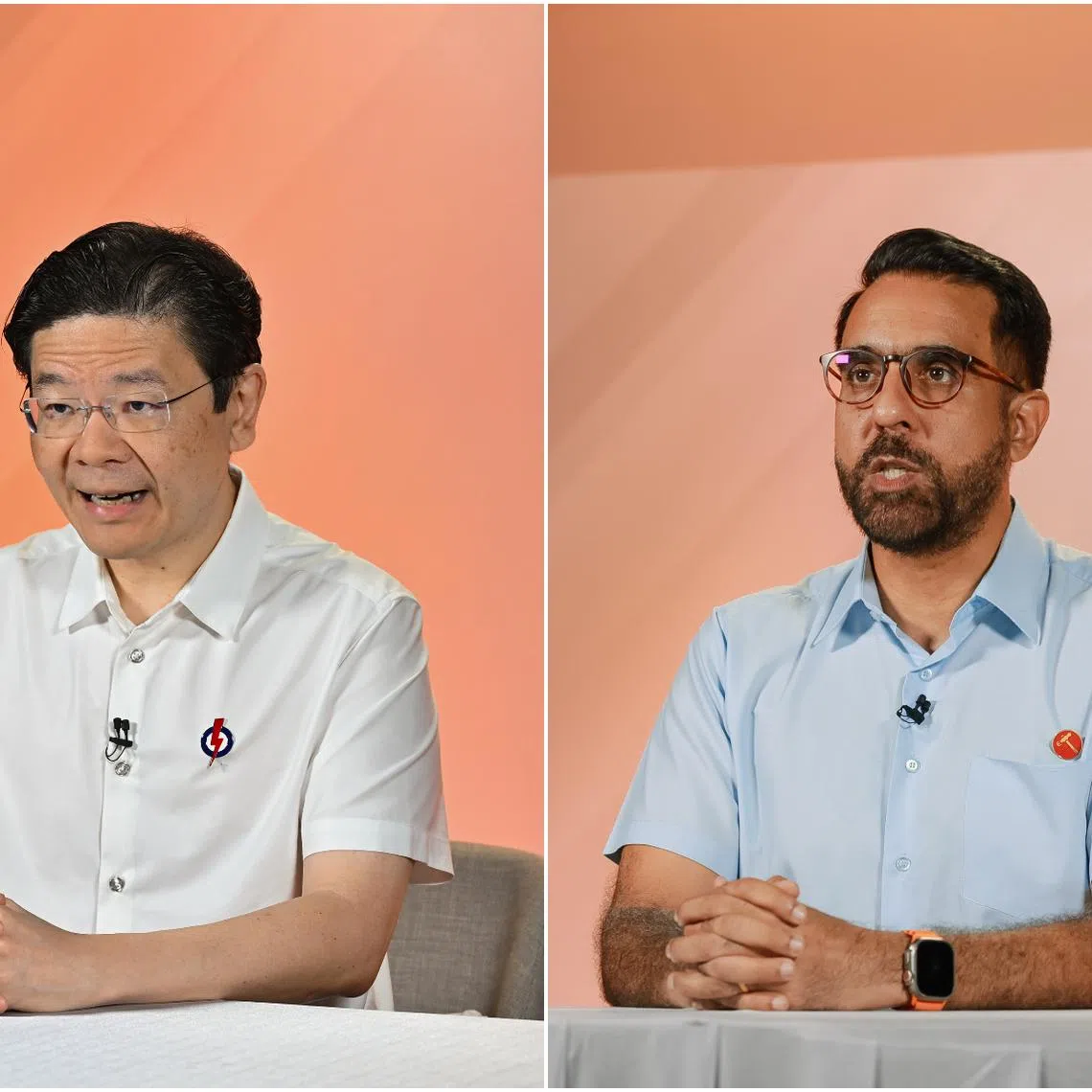 PM Lawrence Wong and Leader of the Opposition Pritam Singh at Mediacorp Theatre on April 24.