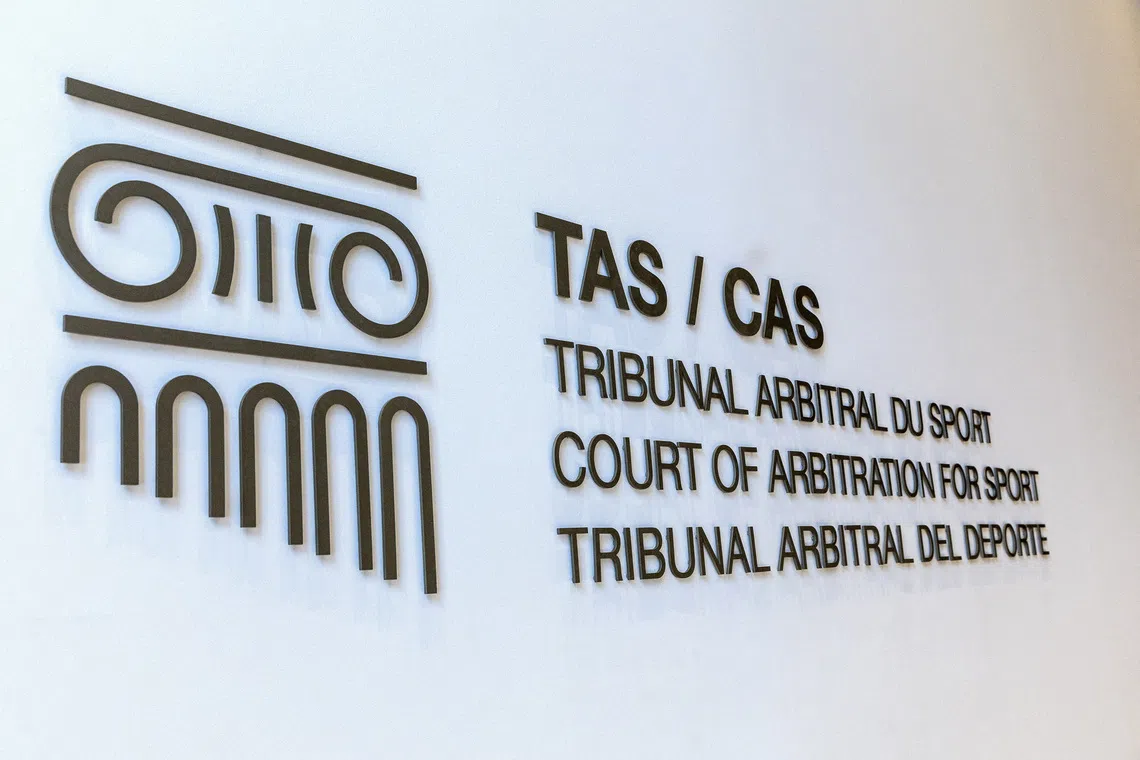 A logo is pictured on the new headquarters for the Court of Arbitration for Sport (CAS), an independent institution that resolves around 900 legal disputes in the field of sport through arbitration and mediation, in Lausanne, Switzerland, June 27, 2022.  REUTERS/Denis Balibouse