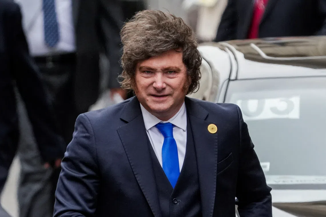 Argentina's President Javier Milei arrives at Torre Tagle Palace, on the day of Peru's President-elect Keiko Fujimori swearing-in ceremony, in Lima, Peru, July 28, 2026. REUTERS/Angela Ponce