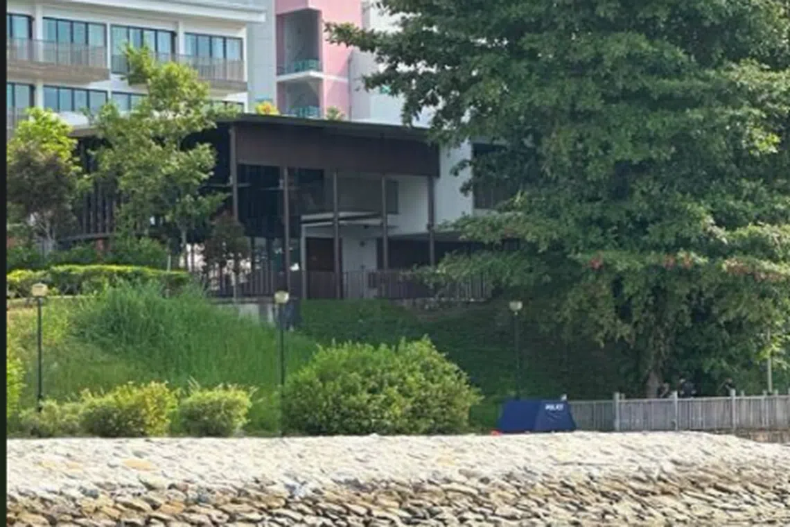 A blue police tent was seen at the foot of a bridge in Changi.