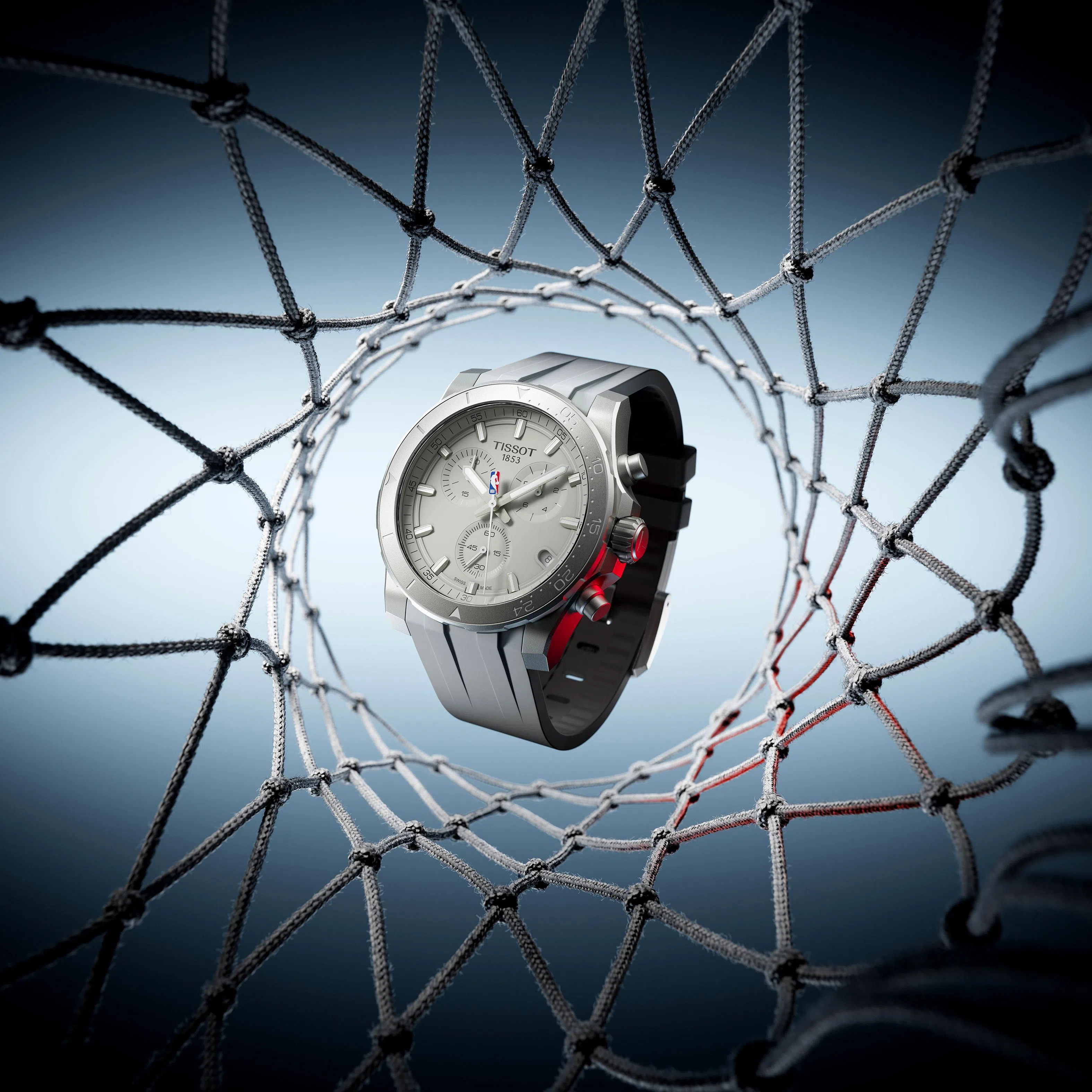 A sandblasted steel case, matching pushers and an integrated grey rubber strap give the Tissot Supersport NBA a matte, industrial look.