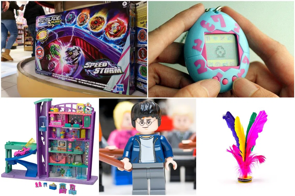 Some toys that remain a fad in Singapore include (clockwise from top left) Beyblade, Tamagotchi, Capteh, Lego and Polly Pocket. 