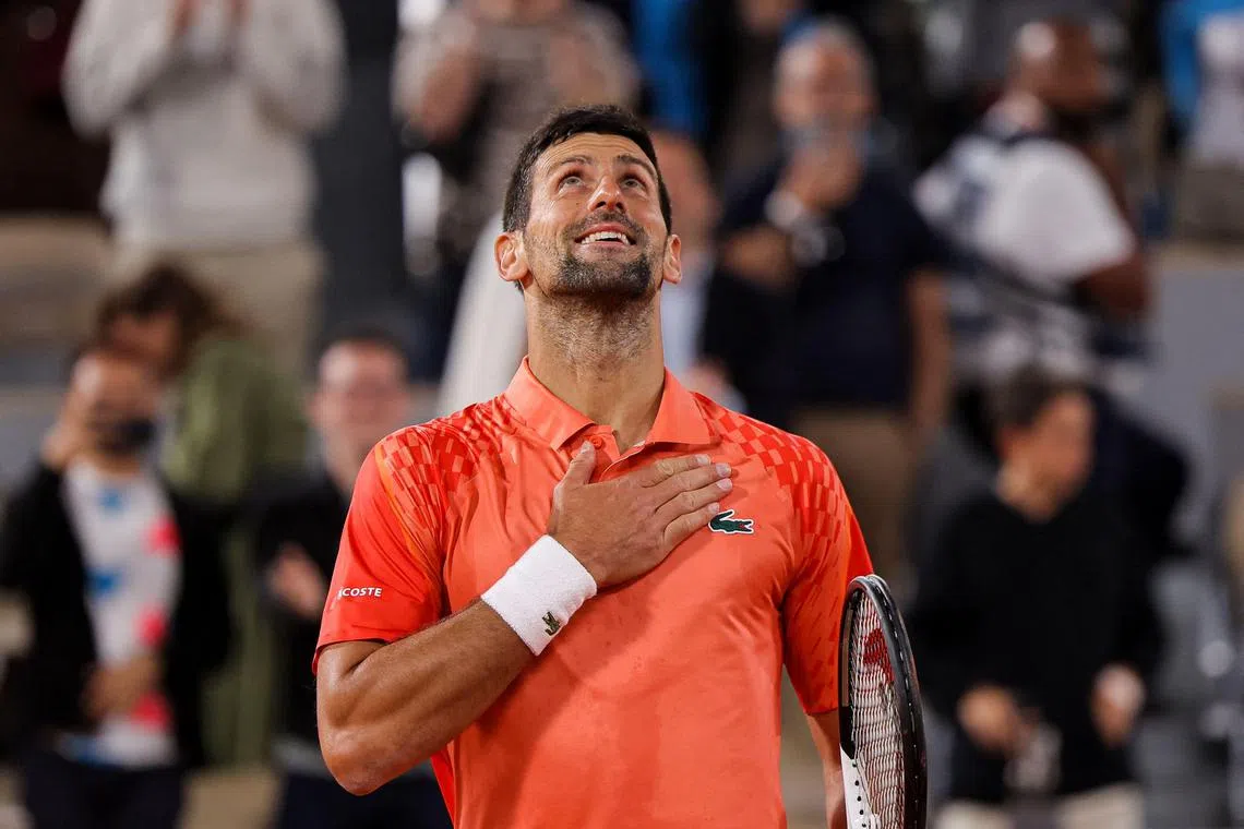 Serbia's Novak Djokovic celebrating after winning against Hungary's Marton Fucsovics at the end of their men's singles match on day four of the French Open at the Court Philippe-Chatrier in Paris on Wednesday.