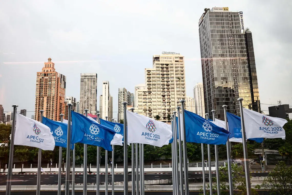 Apec flags outside the venue during the Asia-Pacific Economic Cooperation summit in Bangkok on Nov 18, 2022. 