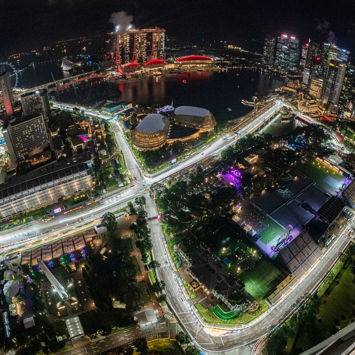 The Marina Bay street circuit seen from Swissotel The Stamford Singapore in October 2025. Aerial activity will be banned over some parts of the island during this year’s F1 weekend.