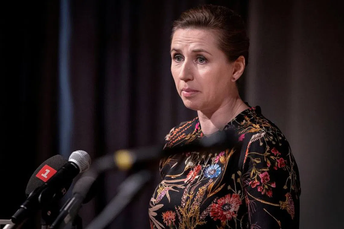 FILE PHOTO: Danish Prime Minister Mette Frederiksen delivers a face-to-face apology to six living victims of a 1950s social experiment in which 22 Greenlandic children were taken from their families and sent to Denmark to be integrated into Danish society, at the National Museum, in Copenhagen, Denmark, March 9, 2022. Liselotte Sabroe/Ritzau Scanpix/via REUTERS/File Photo