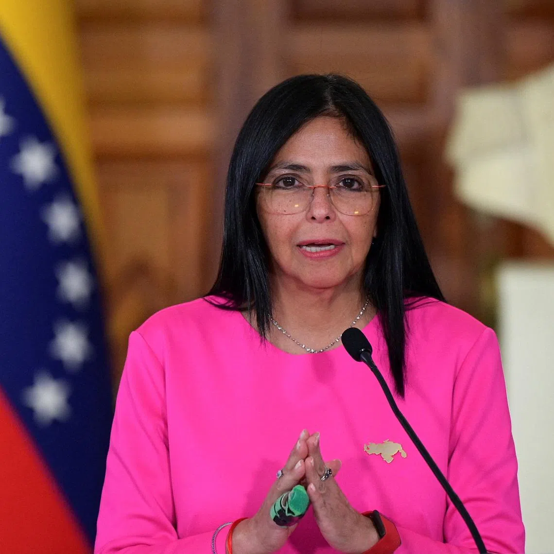 Venezuela's Vice President and Oil Minister Delcy Rodriguez addresses the media at the Ministry of Foreign Affairs in Caracas, Venezuela August 11, 2025. REUTERS/Gaby Oraa