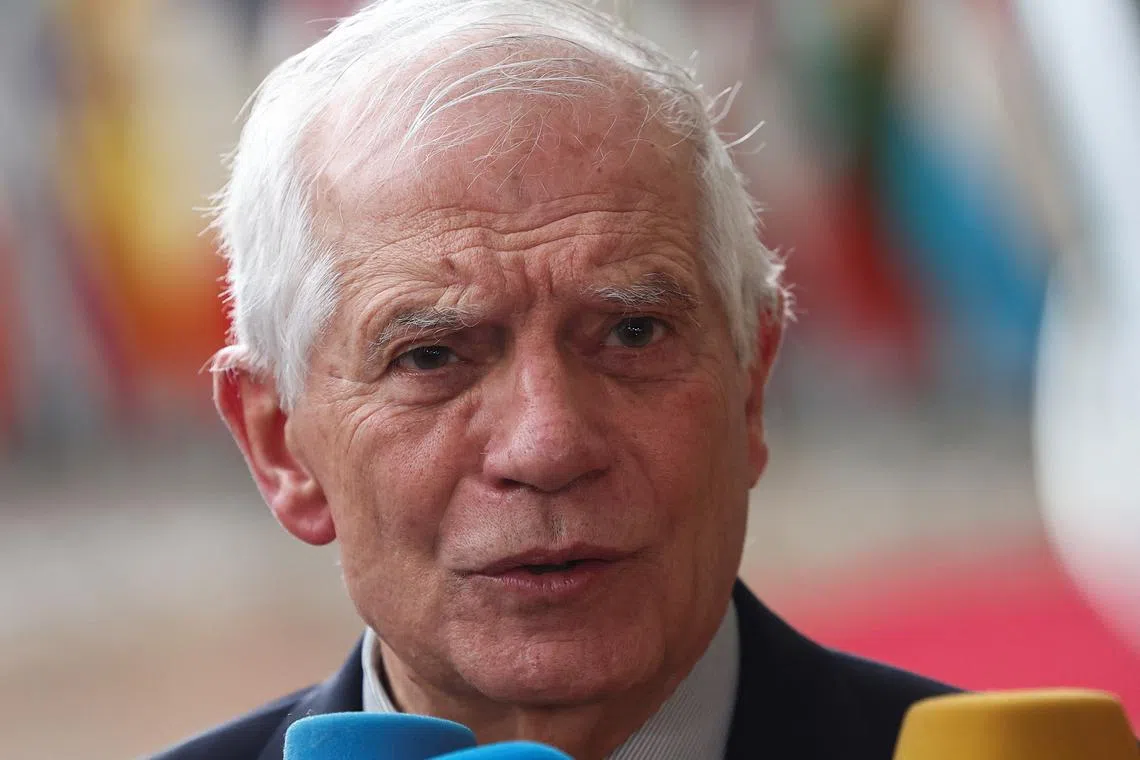 FILE PHOTO: European Union Foreign Policy Chief Josep Borrell talks to the press as he arrives for a meeting of European Union foreign ministers in Brussels, Belgium February 19, 2024. REUTERS/Yves Herman/File Photo