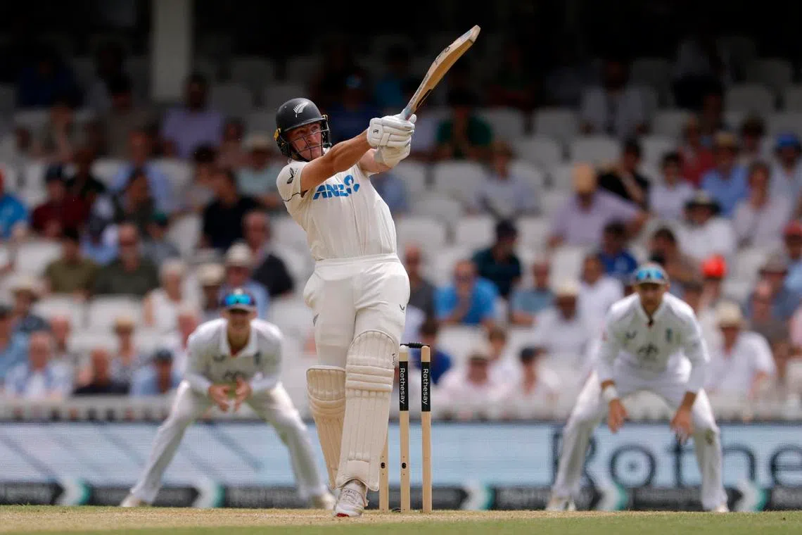 Cricket - England v New Zealand - Second Test - Kia Oval, London, Britain - June 20, 2026 New Zealand's Nathan Smith hits a shot off the bowling of England's Sonny Baker Action Images via Reuters/Andrew Couldridge