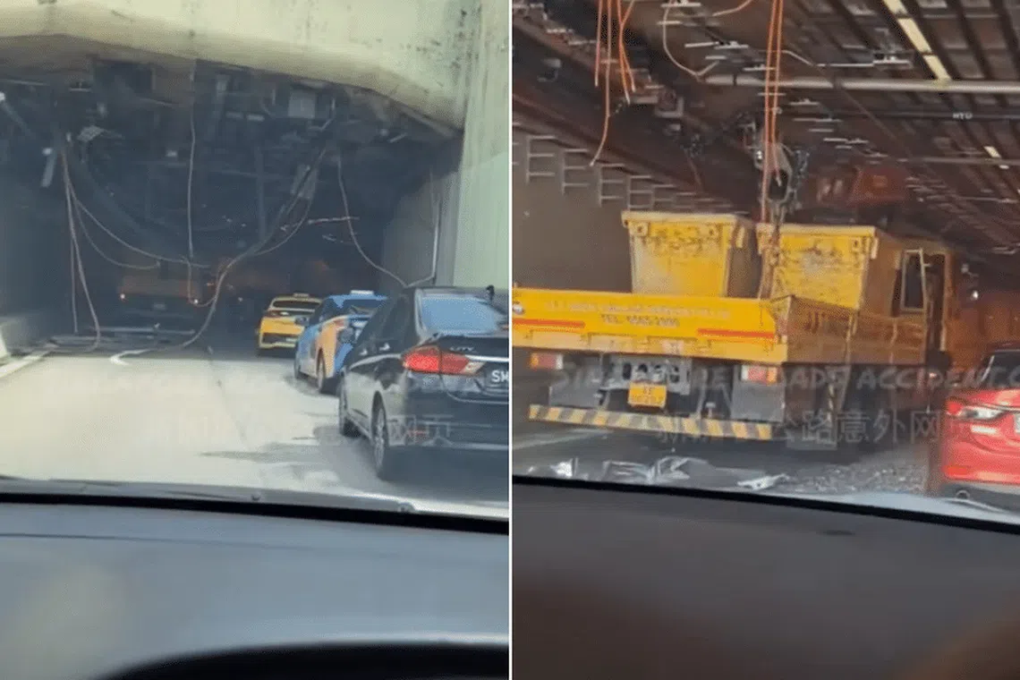 The collision, which took place around noon, caused extensive damage to items such as the height limit barrier and electrical units of the tunnel. 