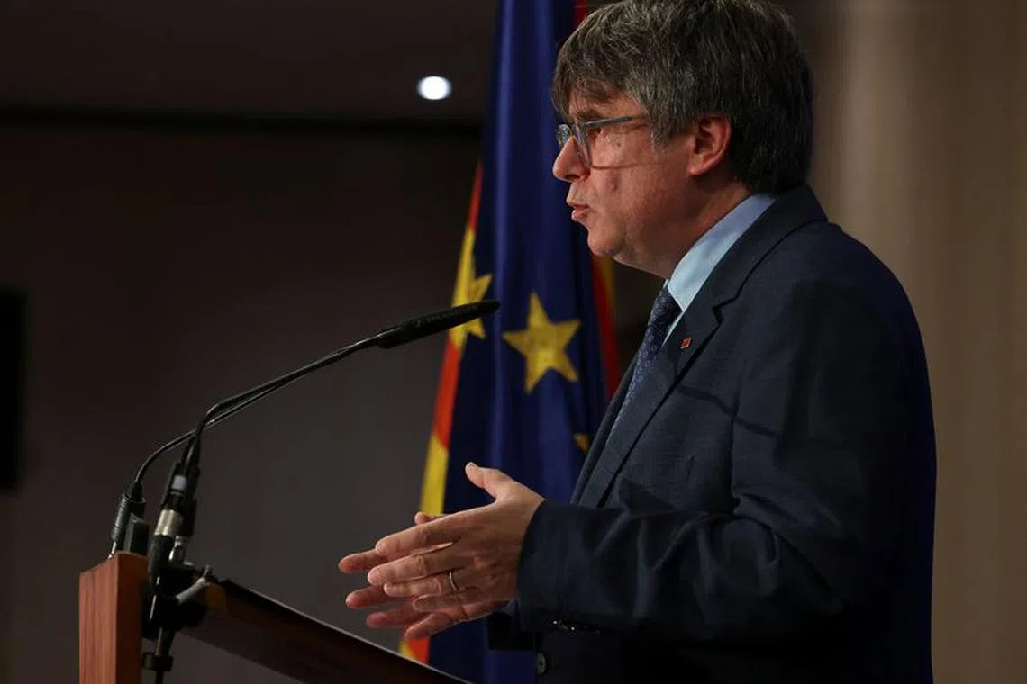 Catalan separatist leader Carles Puigdemont addresses a press conference in Brussels, Belgium September 5, 2023. REUTERS/Yves Herman