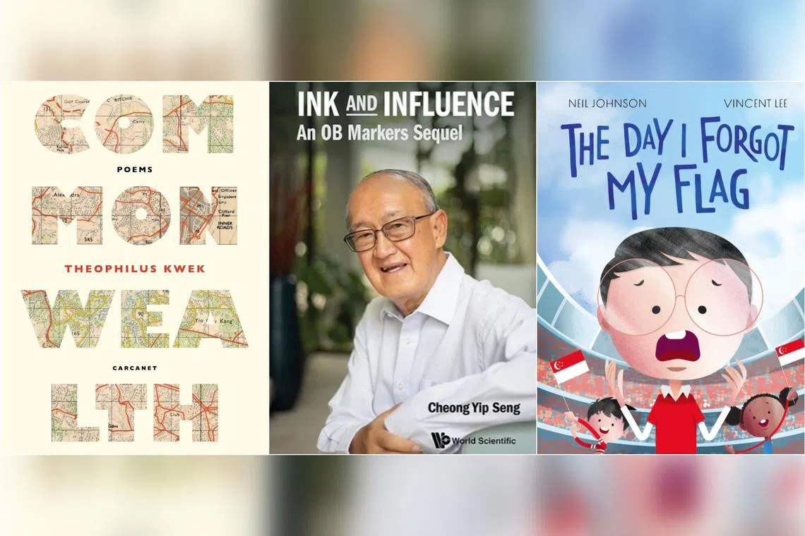 (From left) Commonwealth by Theophilus Kwek, Ink And Influence: An OB Markers Sequel by Cheong Yip Seng and The Day I Forgot My Flag by Neil Johnson and illustrated by Vincent Lee. 