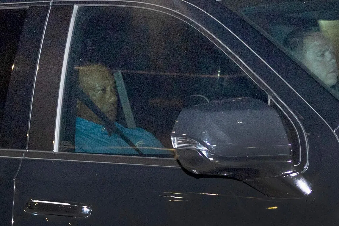 Tiger Woods being driven from the Martin County Jail after being arrested for driving under the influence after a car crash on March 27, 2026 in Stuart, Florida.