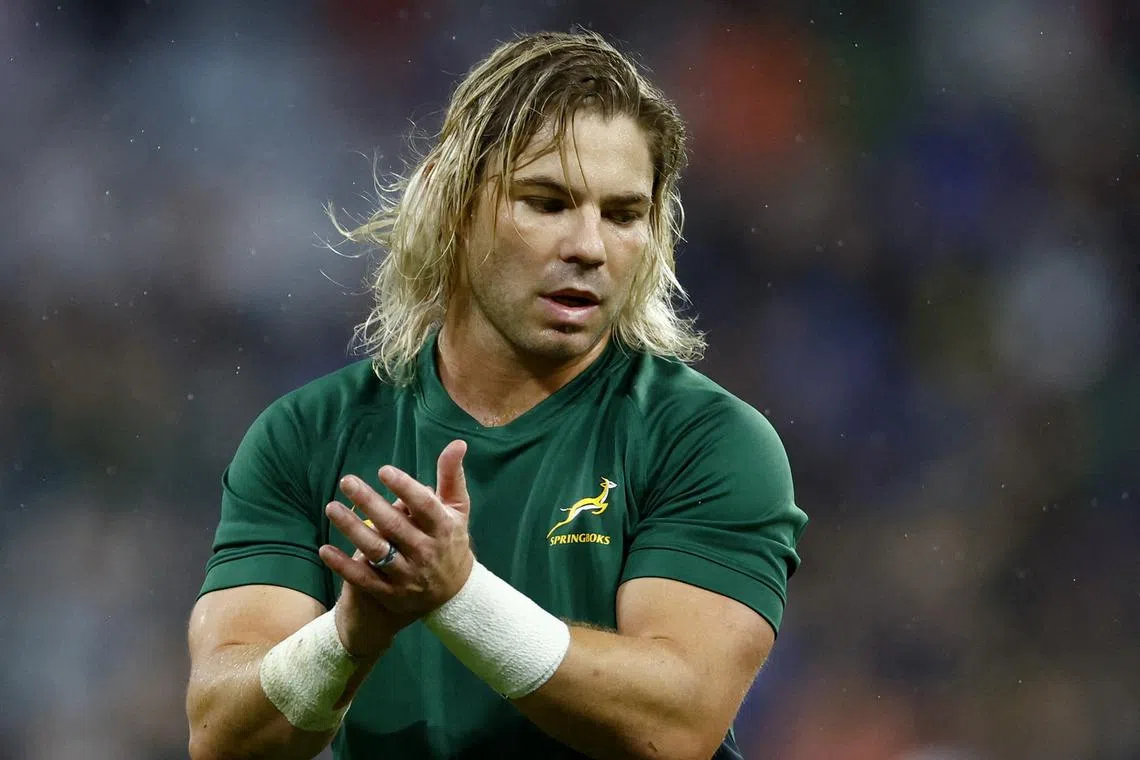 FILE PHOTO: Rugby Union - Rugby World Cup 2023 - Final - New Zealand v South Africa - Stade de France, Saint-Denis, France - October 28, 2023  South Africa's Faf de Klerk during the warm up before the match REUTERS/Sarah Meyssonnier/ File Photo