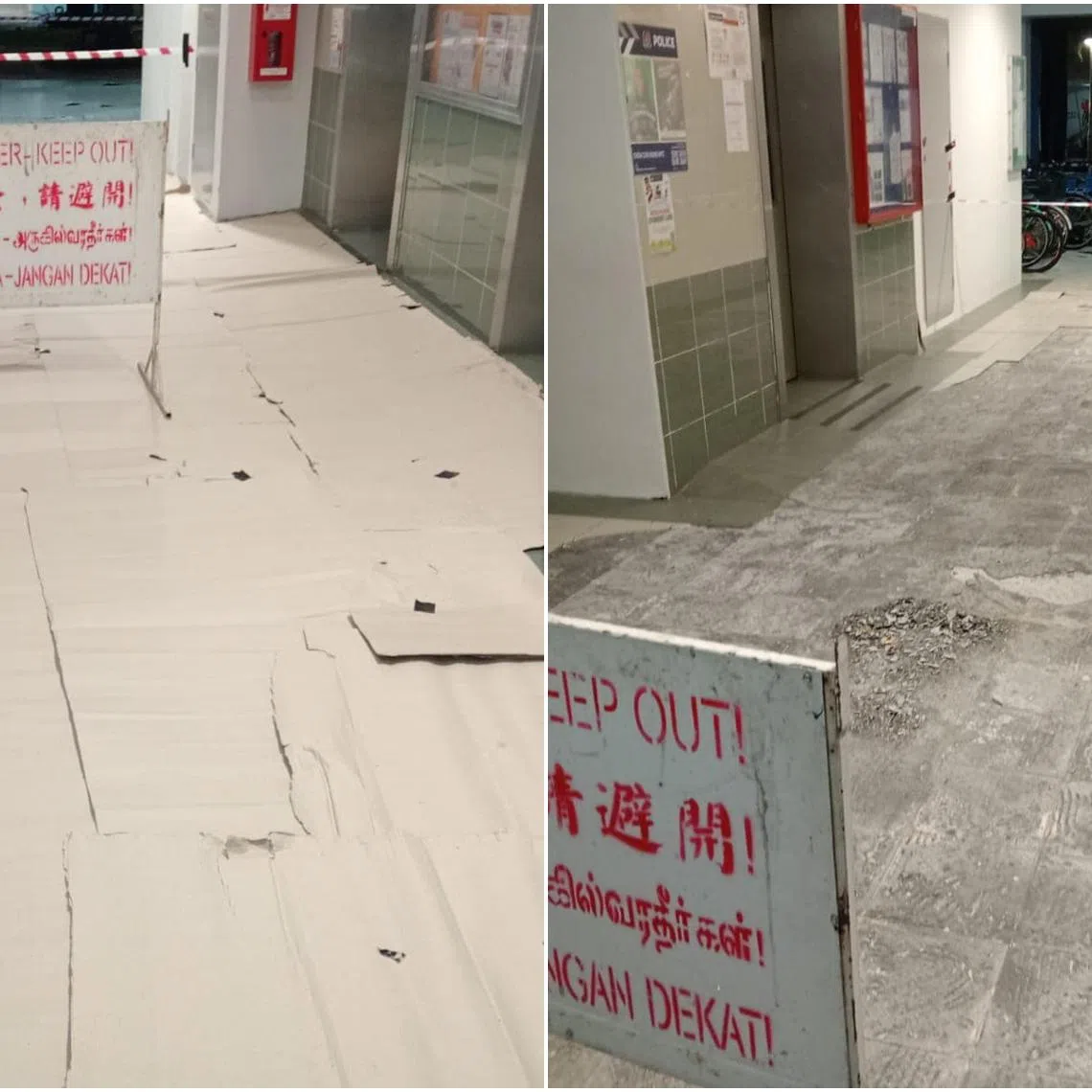Town council workers removed the popped tiles at Block 691A Choa Chu Kang Crescent.