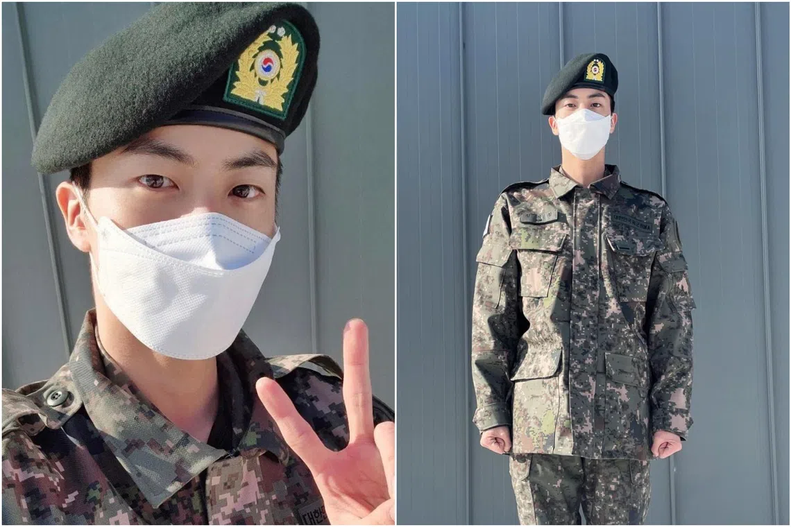 Jin shared photos on Weverse after completing the basic training.