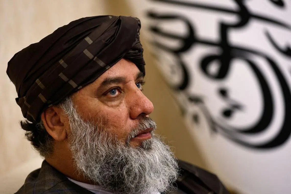 Taliban's acting commerce minister Haji Nooruddin Azizi speaks during an interview with Reuters, at the Embassy of Afghanistan in Beijing, China October 19, 2023. REUTERS/Tingshu Wang