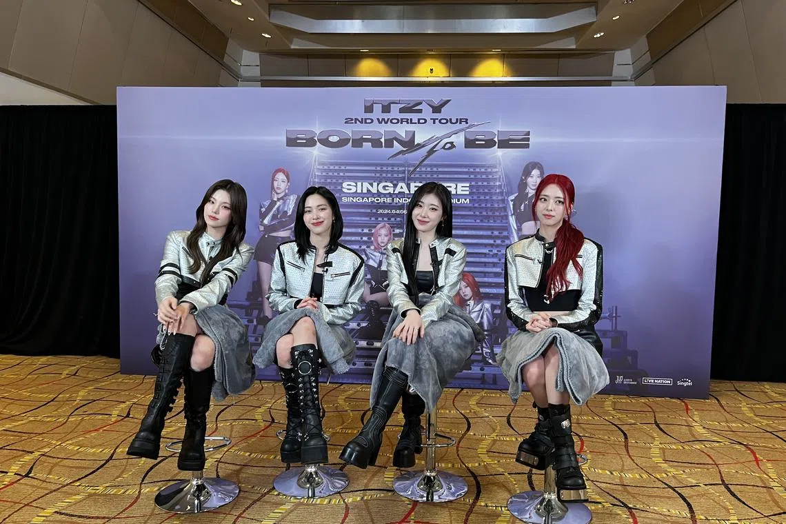 The members of K-pop girl group Itzy (from left) Yeji, Ryujin, Chaeryeong and Yuna at the Singapore Indoor Stadium on April 5, 2024, a day prior to their concert. 