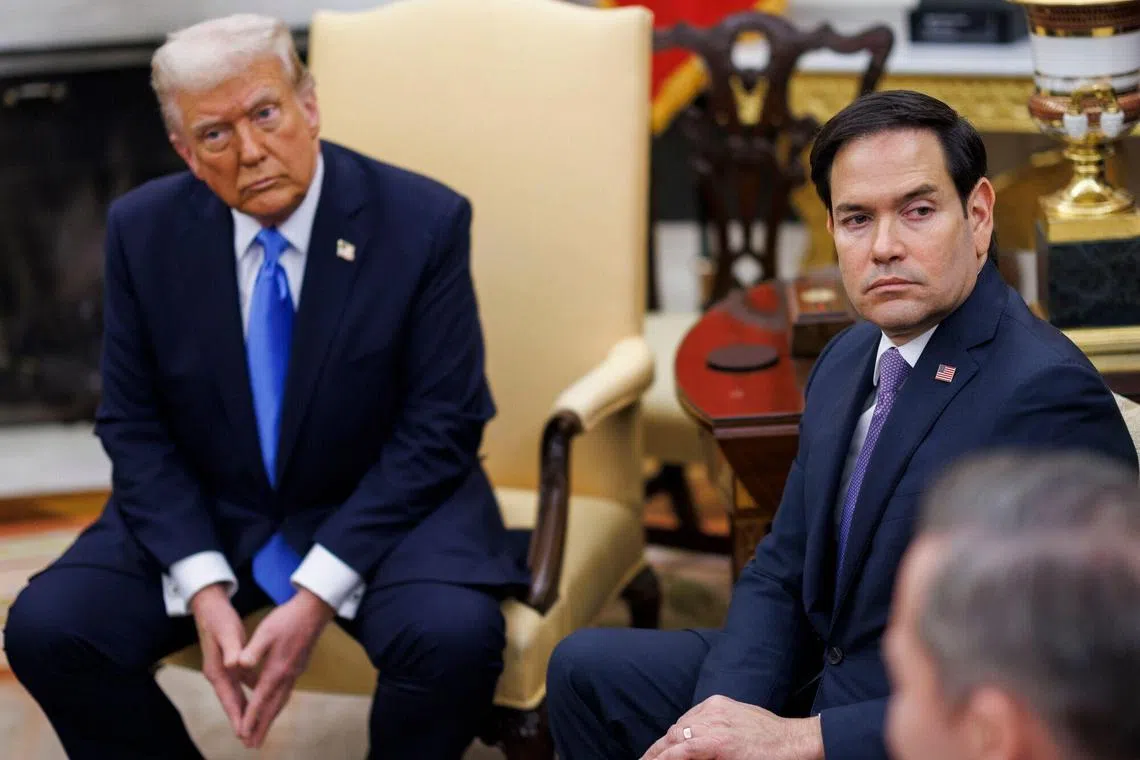 US President Donald Trump, left, and Marco Rubio, US secretary of state, during a meeting with King Abdullah II of Jordan, not pictured, in the Oval Office of the White House in Washington, DC, US, on Tuesday, Feb. 11, 2025. Trump said Israel should call off its ceasefire with Hamas if hostages aren’t returned this weekend, raising concerns over the durability of the six-week truce in Gaza, while also wielding threats to cut off aid in a bid to get Egypt and Jordan to accept Palestinian refugees. Photographer: Aaron Schwartz/CNP/Bloomberg