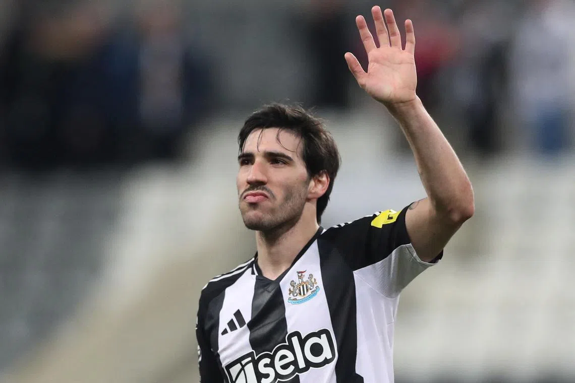 Newcastle United's Sandro Tonali celebrates after the match against Brentford on April 2.