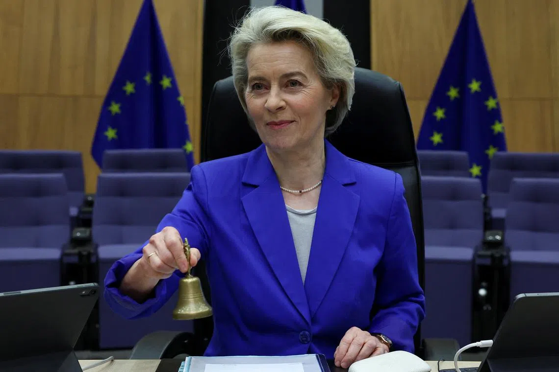 European Commission President Ursula von der Leyen rings a bell to mark the start of the College of European Commissioners' meeting in Brussels, Belgium March 5, 2024. REUTERS/Yves Herman