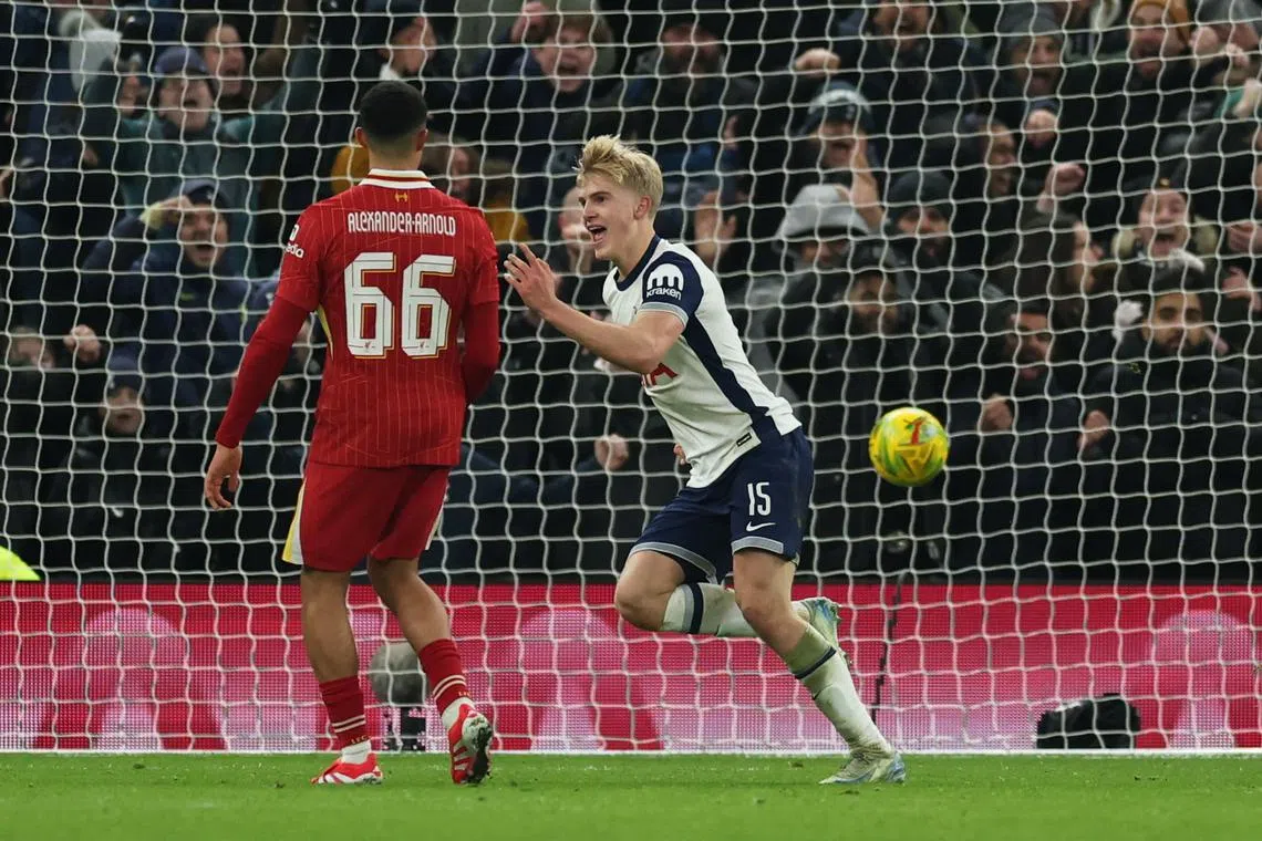 Soccer Football - Carabao Cup - Semi Final - First Leg - Tottenham Hotspur v Liverpool - Tottenham Hotspur Stadium, London, Britain - January 8, 2025 Tottenham Hotspur's Lucas Bergvall celebrates scoring their first goal Action Images via Reuters/Paul Childs