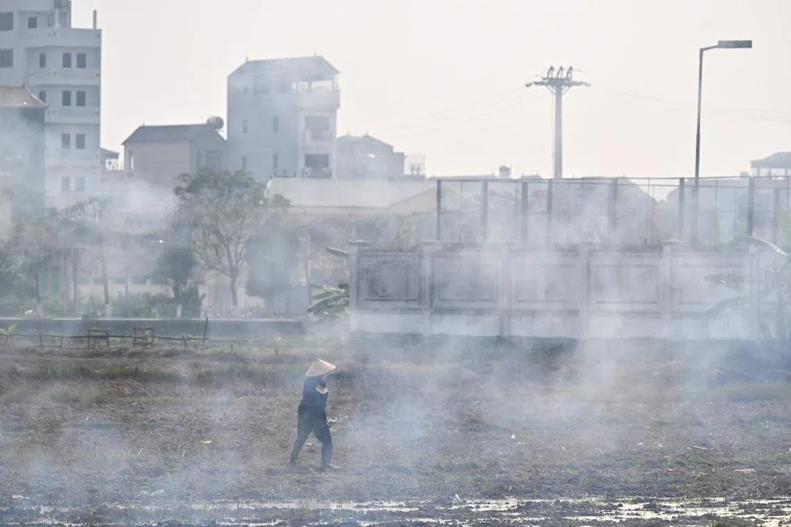 A woman walks amid smoke from a burning field on the outskirts of Hanoi. 