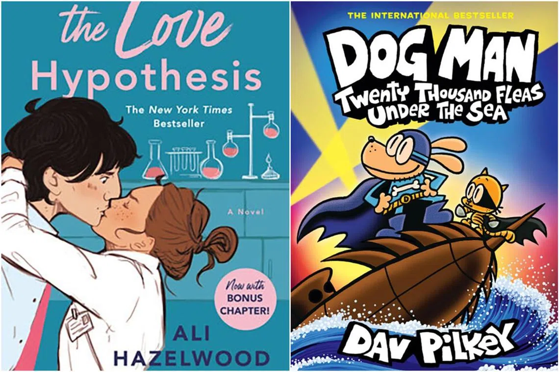 The Love Hypothesis by Ali Hazelwood (left) and Dog Man #11: Twenty Thousand Fleas Under The Sea by Dav Pilkey.