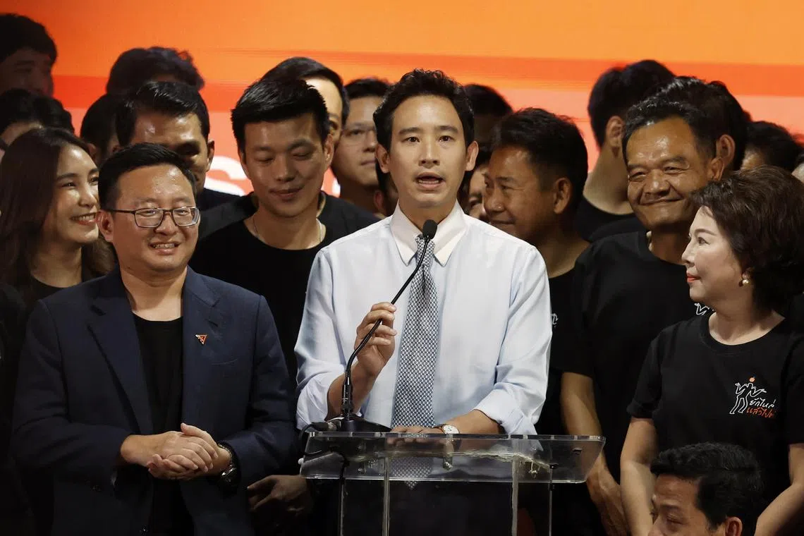 Move Forward's charismatic leader Pita Limjaroenrat (centre) is now banned from public office for a decade along with 10 other party executives.