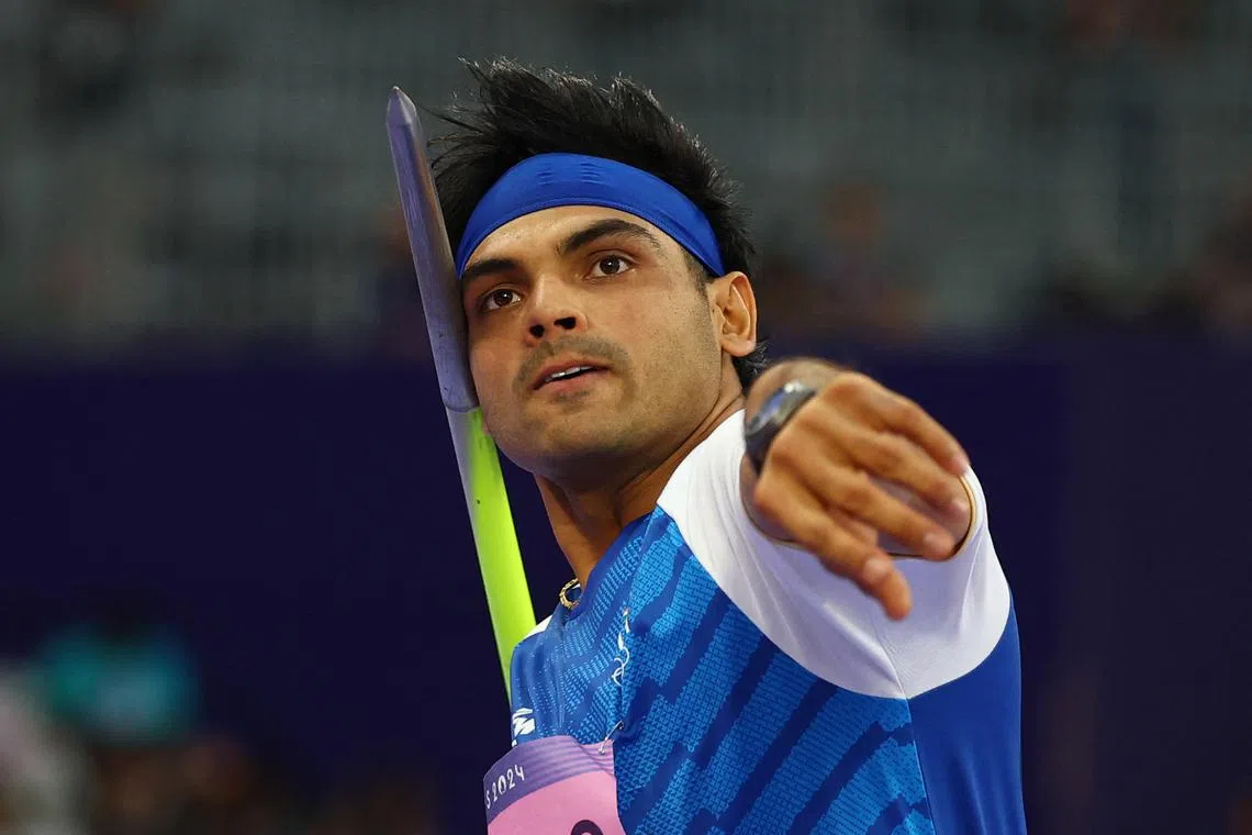 Paris 2024 Olympics - Athletics - Men's Javelin Throw Final - Stade de France, Saint-Denis, France - August 08, 2024. Neeraj Chopra of India in action REUTERS/Kai Pfaffenbach
