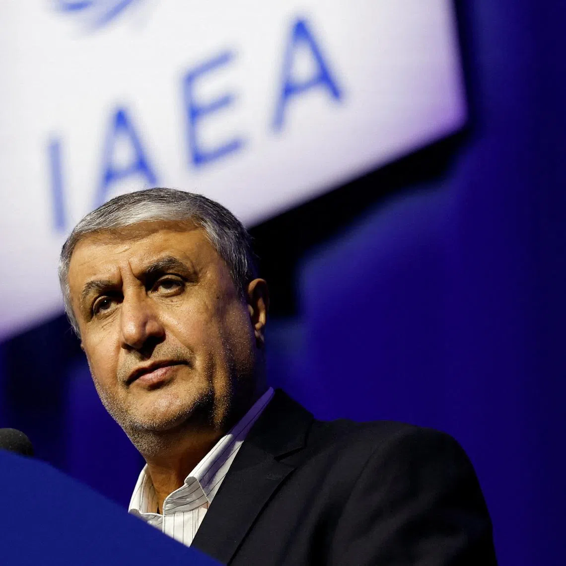 FILE PHOTO: Mohammad Eslami, head of the Atomic Energy Organization of Iran (AEOI), speaks at the opening of the International Atomic Energy Agency (IAEA) General Conference at the agency's headquarters in Vienna, Austria, September 15, 2025. REUTERS/Lisa Leutner/File Photo