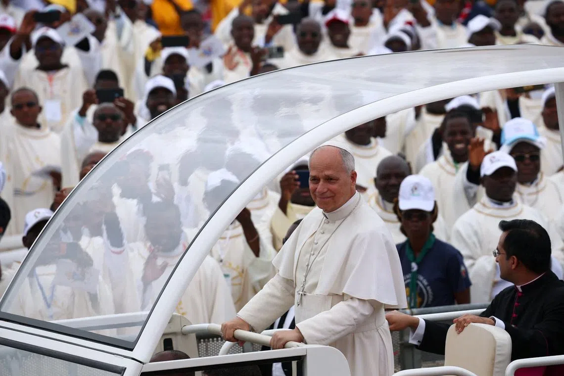 Pope Leo XIV arrives to lead a Holy Mass during his apostolic journey in Africa, in Kilamba, Luanda province, Angola, April 19, 2026. REUTERS/Guglielmo Mangiapane