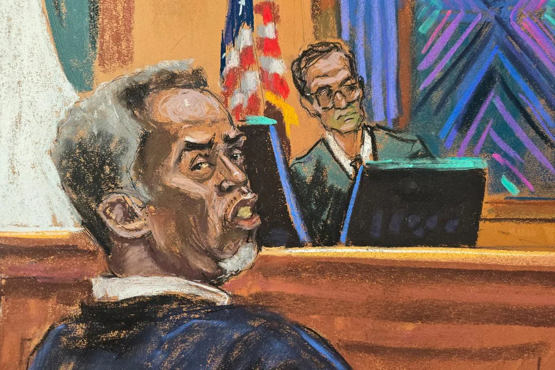 Sean \"Diddy\" Combs sits before U.S. District Judge Arun Subramanian as jury selection continued at his sex trafficking trial in New York City, New York, U.S., May 6, 2025 in this courtroom sketch. REUTERS/Jane Rosenberg