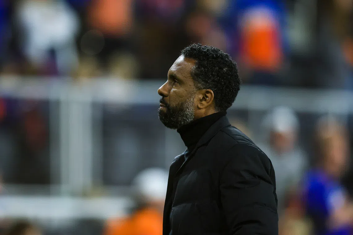 Nov 8, 2025; Cincinnati, Ohio, USA; Columbus Crew head coach Wilfried Nancy walks off the pitch after the match against FC Cincinnati at TQL Stadium. Mandatory Credit: Katie Stratman-Imagn Images