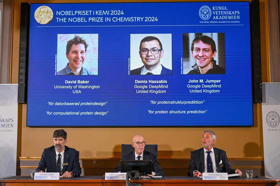 The Nobel Prize in Chemistry was awarded to (from left) Dr David Baker, Dr Demis Hassabis and Dr John M Jumper.