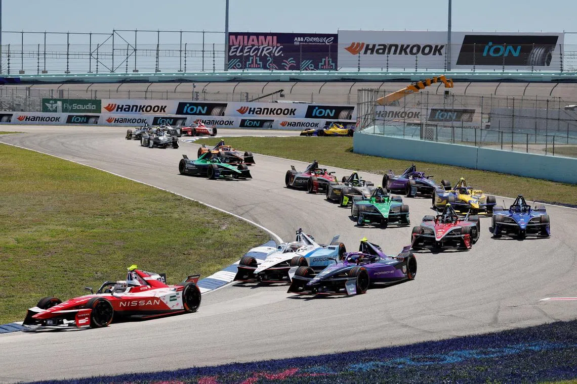 FILE PHOTO: Apr 12, 2025; Miami, Florida, USA;  Driver Norman Nato of Team Nissan leads the field into turn four during the ABB Formula E Series race at the Homestead Motor Speedway Mandatory Credit: Reinhold Matay-Imagn Images/File Photo
