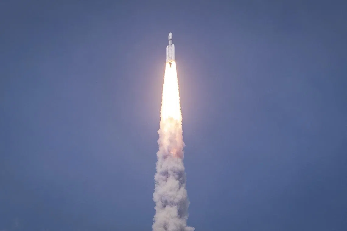 India's Launch Vehicle Mark-III rocket took off at 2.35pm from a space station in Sriharikota, on July 14, 2023.