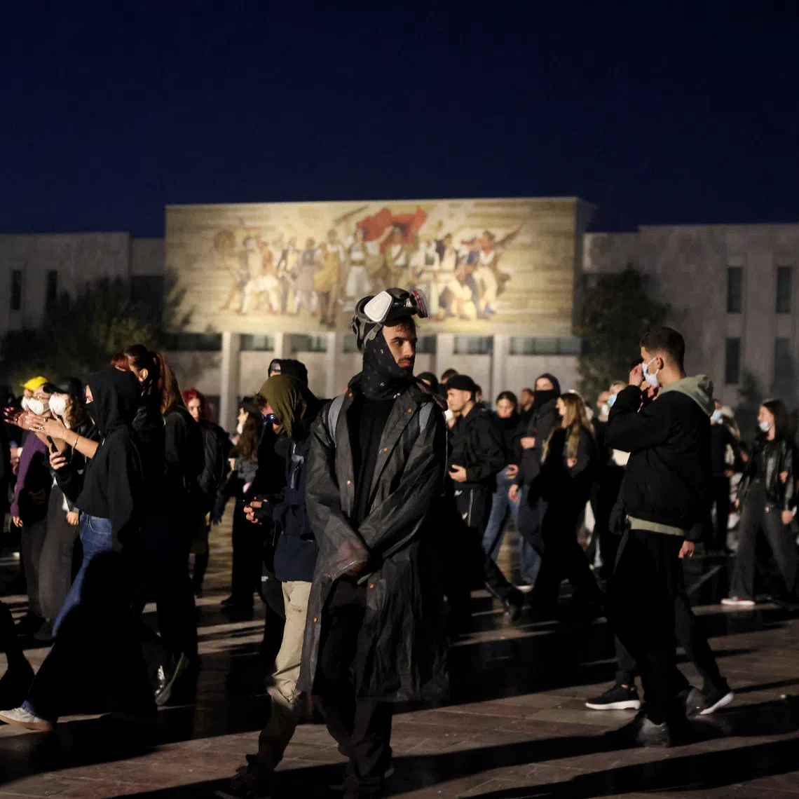 Protesters gather outside the National Historical Museum during an anti-government protest by students in Tirana, Albania, October 20, 2026. REUTERS/Louisa Gouliamaki
