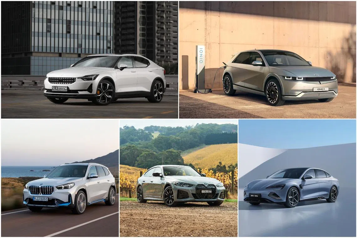 Bids submitted include (clockwise from top left) Polestar 2, Hyundai Ioniq 5, BYD Seal, BMW i4 and BMW iX1.