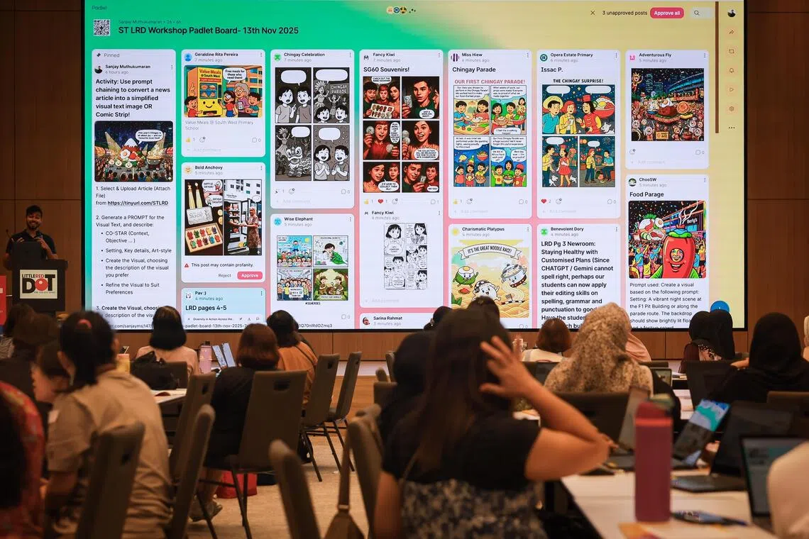 Primary school teachers generating AI content during a workshop held at the SPH Media News Centre Auditorium on Nov 13, 2025.