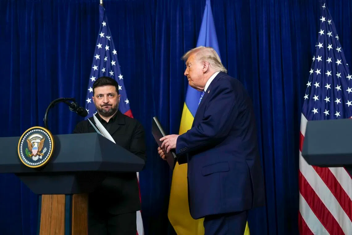 Ukrainian President Volodymyr Zelensky and US President Donald Trump at Mar-a-Lago in Palm Beach, Florida on Dec 28, 2025. 