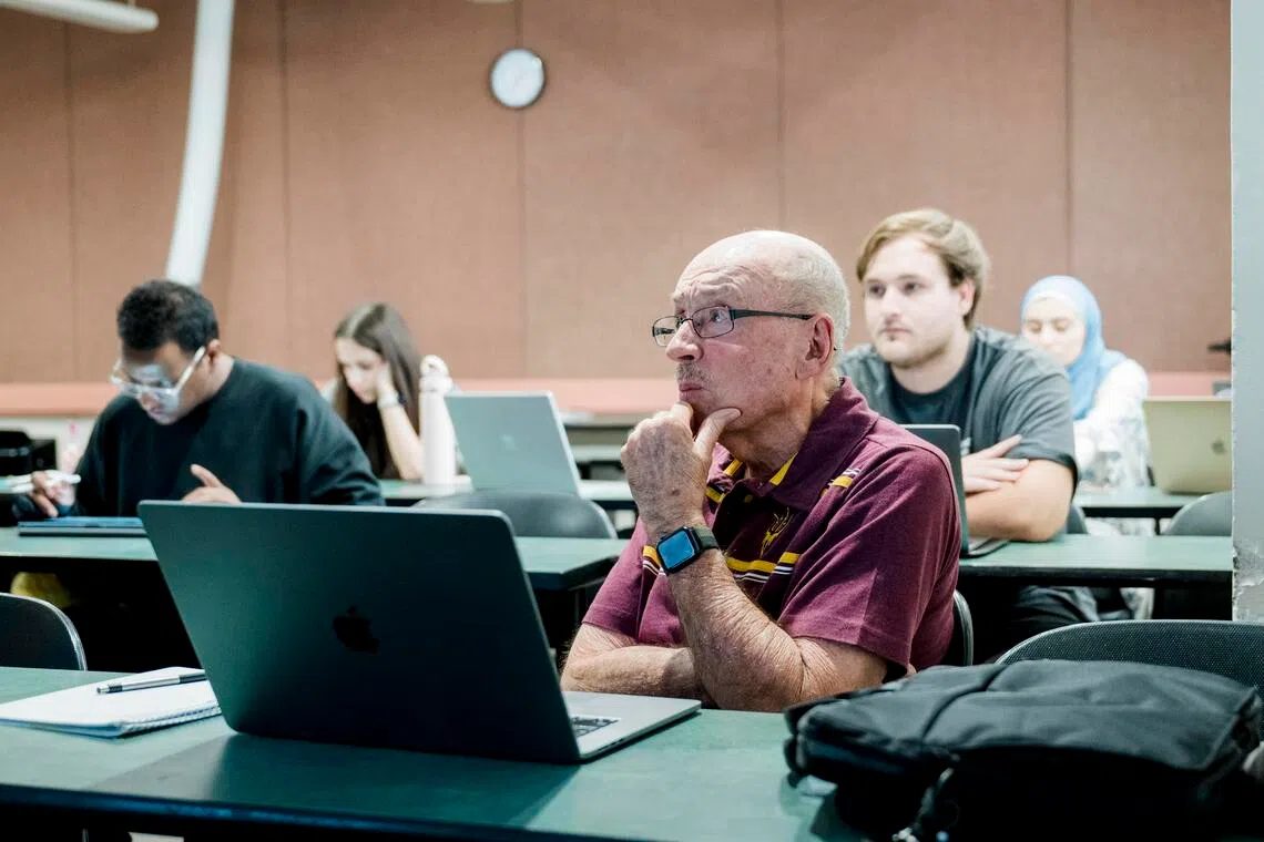 Mr David Mills, a resident of the retirement community Mirabella, listens during a neuroscience lesson at Arizona State University in Tempe, Arizona, on Sept 8.