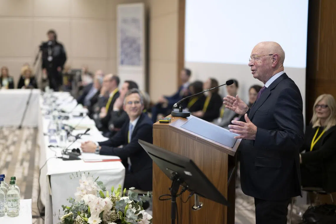 World Economic Forum founder Klaus Schwab during his opening remarks on the sideline of the annual meeting in Davos, Switzerland, on Jan 15, 2023.