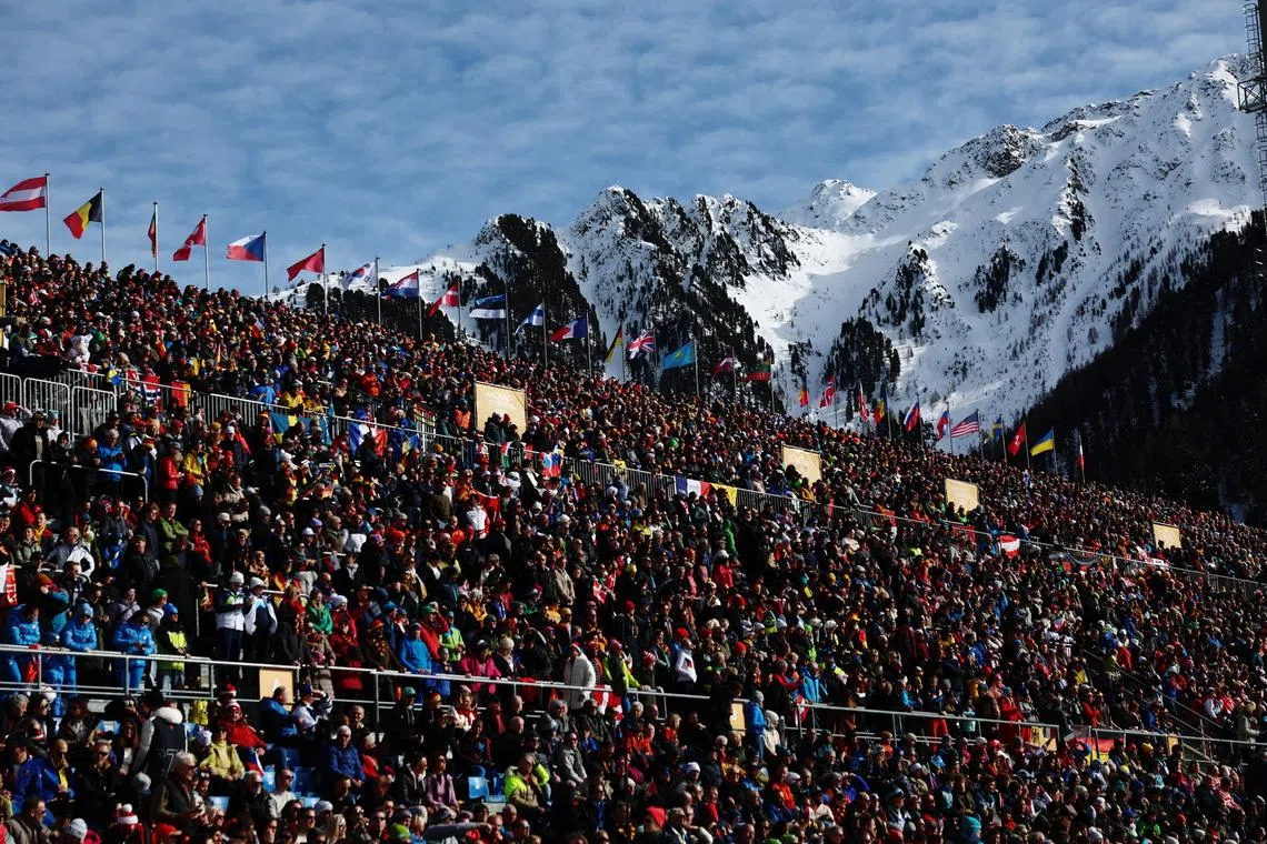 Milano Cortina 2026 Olympics - Biathlon - Men's 10km Sprint - Anterselva Biathlon Arena, South Tyrol, Italy - February 13, 2026. Spectators gather to watch Men's 10km Sprint REUTERS/Eloisa Lopez